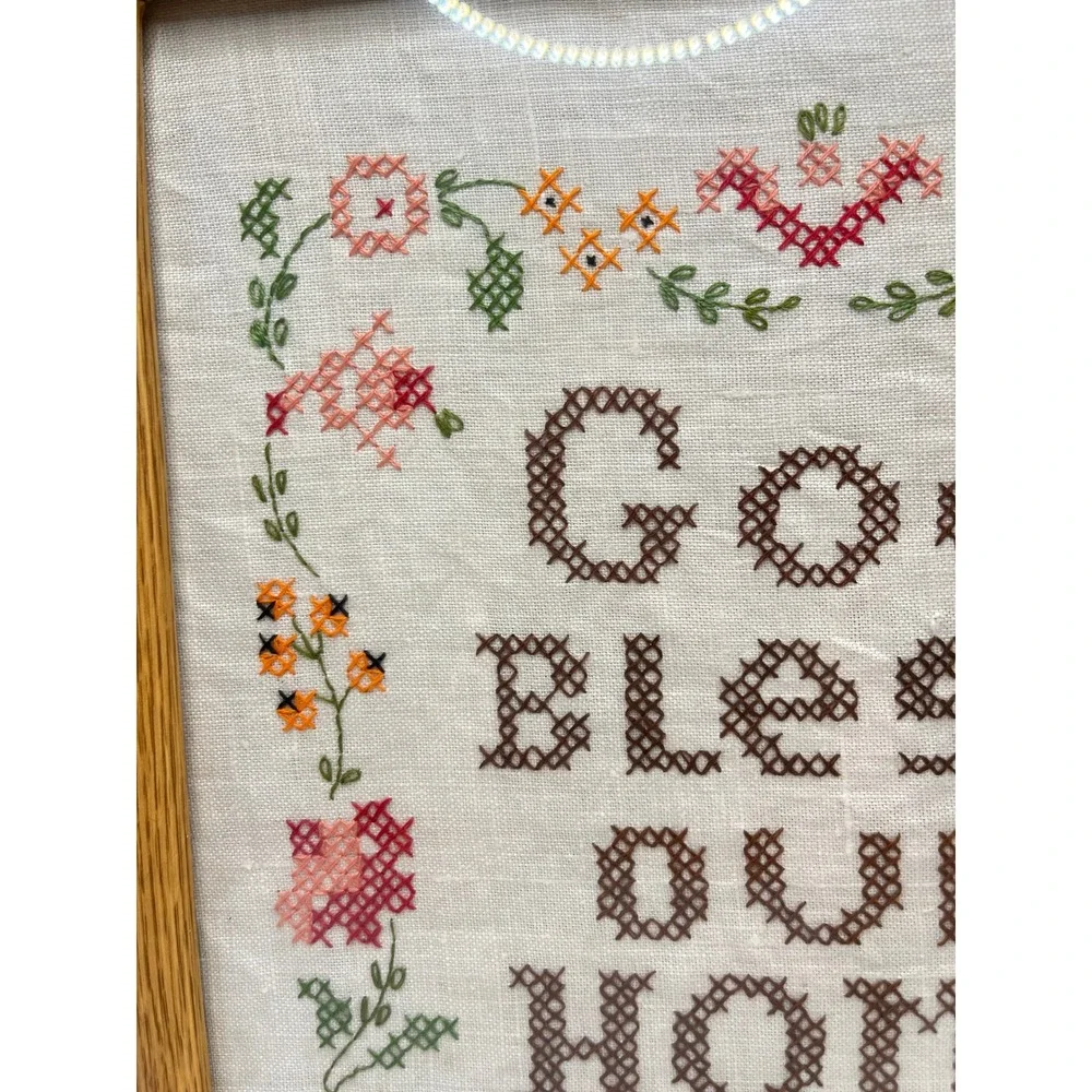 Vintage God Bless Our Home Cross Stitch Framed Wall Art Floral Farmhouse Decor